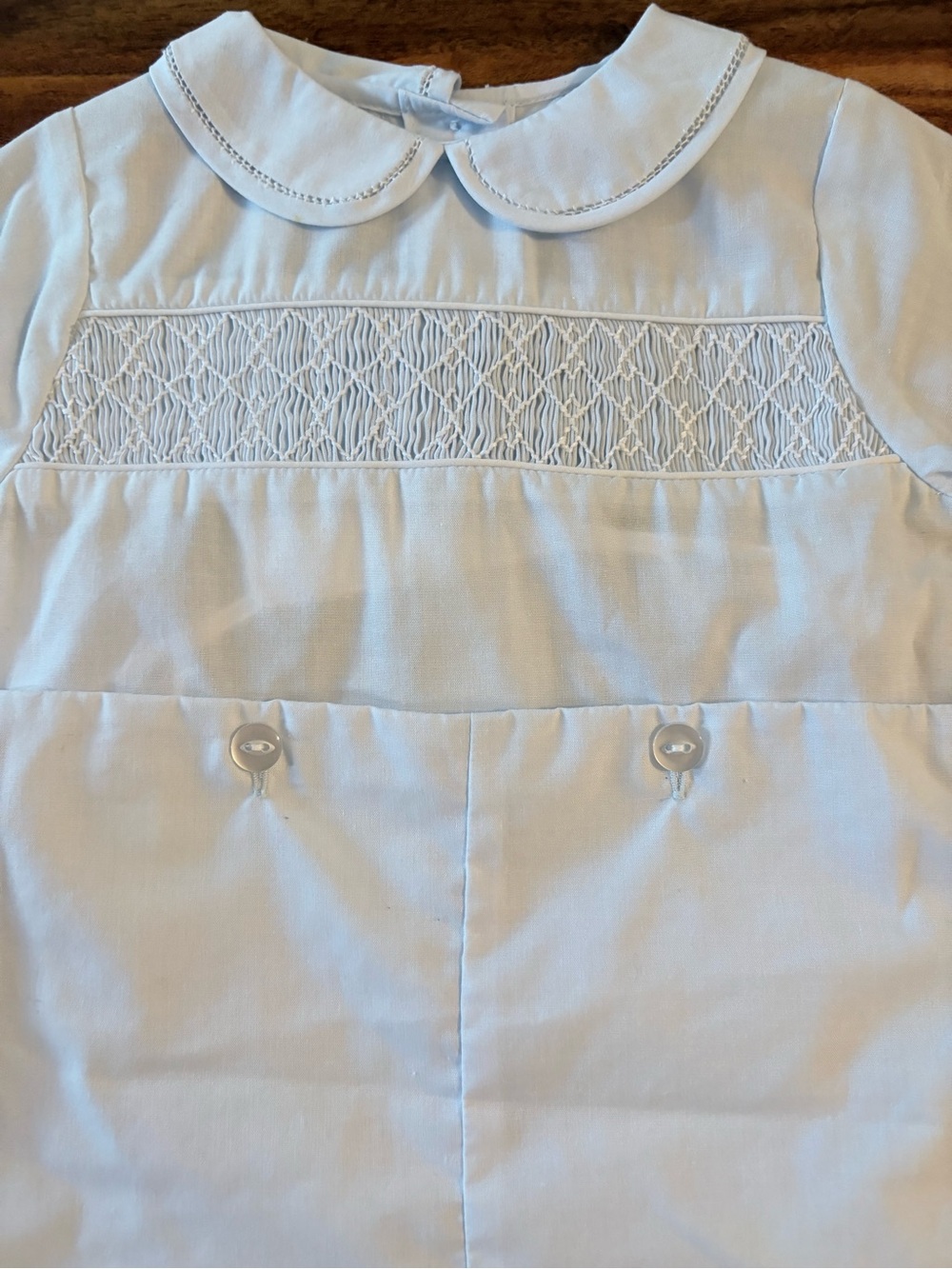 NWT Petit Ami Baby Blue Boys Smocked Button On Jon Jon Romper 6 Months 1 Piece - Picture 2 of 9